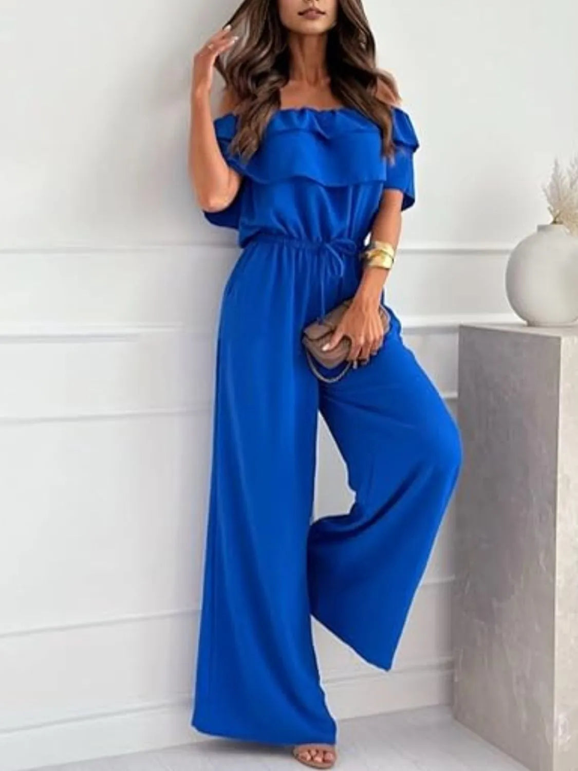 Asymmetrical Neck Drop Shoulder Wide Leg Jumpsuit. main image 0